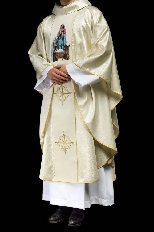 Ecru Chasuble with Holy Family image on gold fabric — vestment detail