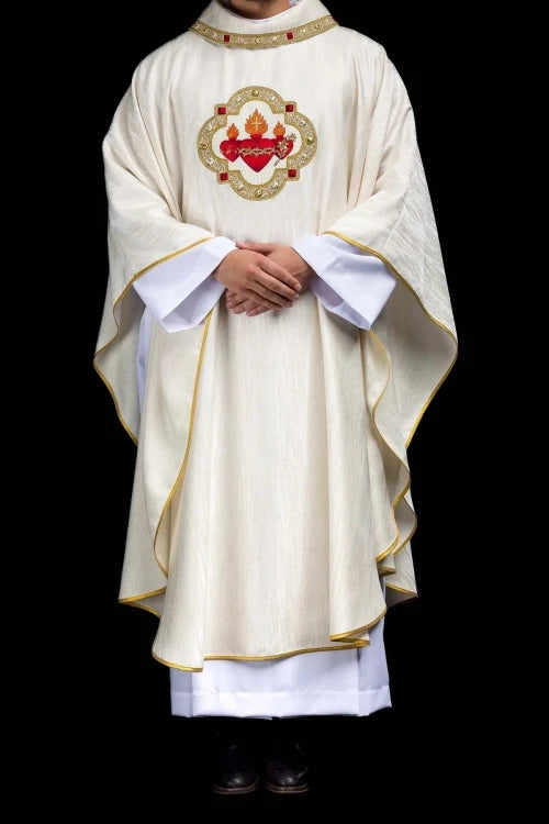 Ecru Chasuble with embroidered image of the Three Hearts — front view