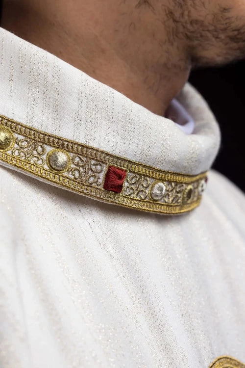 Ecru Chasuble with embroidered image of the Three Hearts — back view