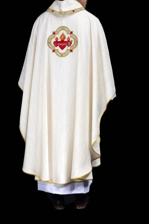Ecru Chasuble with embroidered image of the Three Hearts — fabric detail