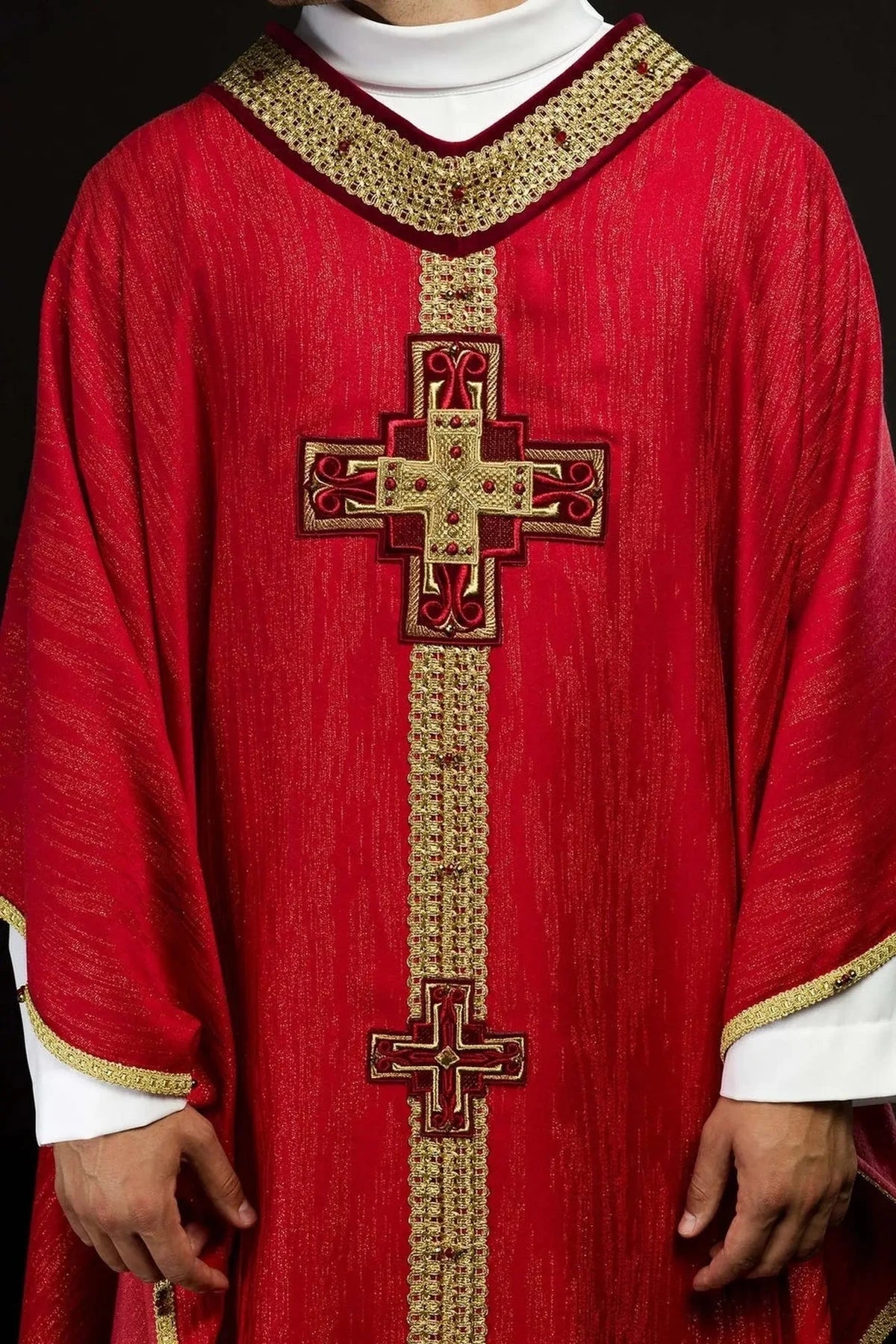 Hand-Decorated Red Chasuble with Natural Stones — product view