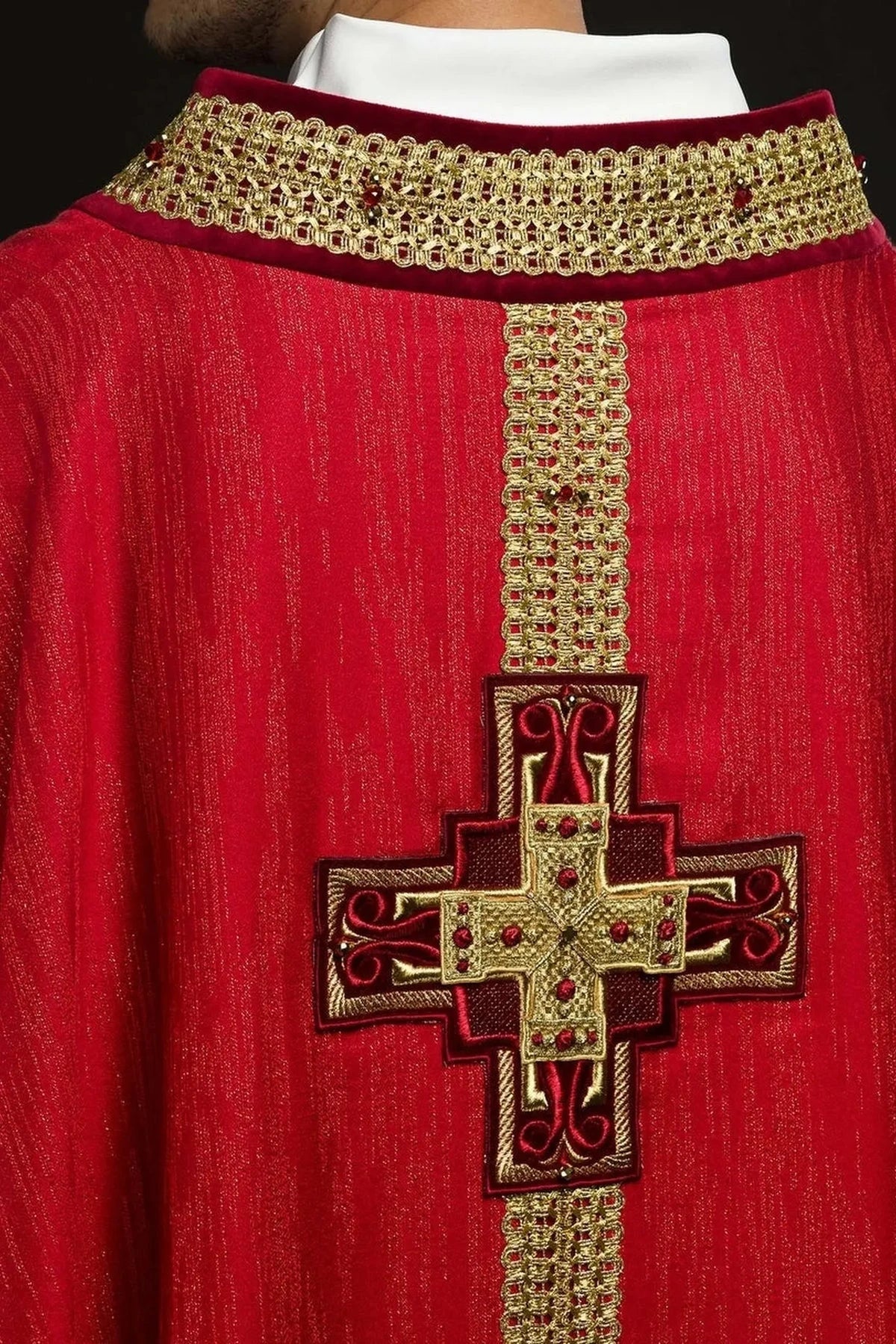 Hand-Decorated Red Chasuble with Natural Stones — decoration close-up