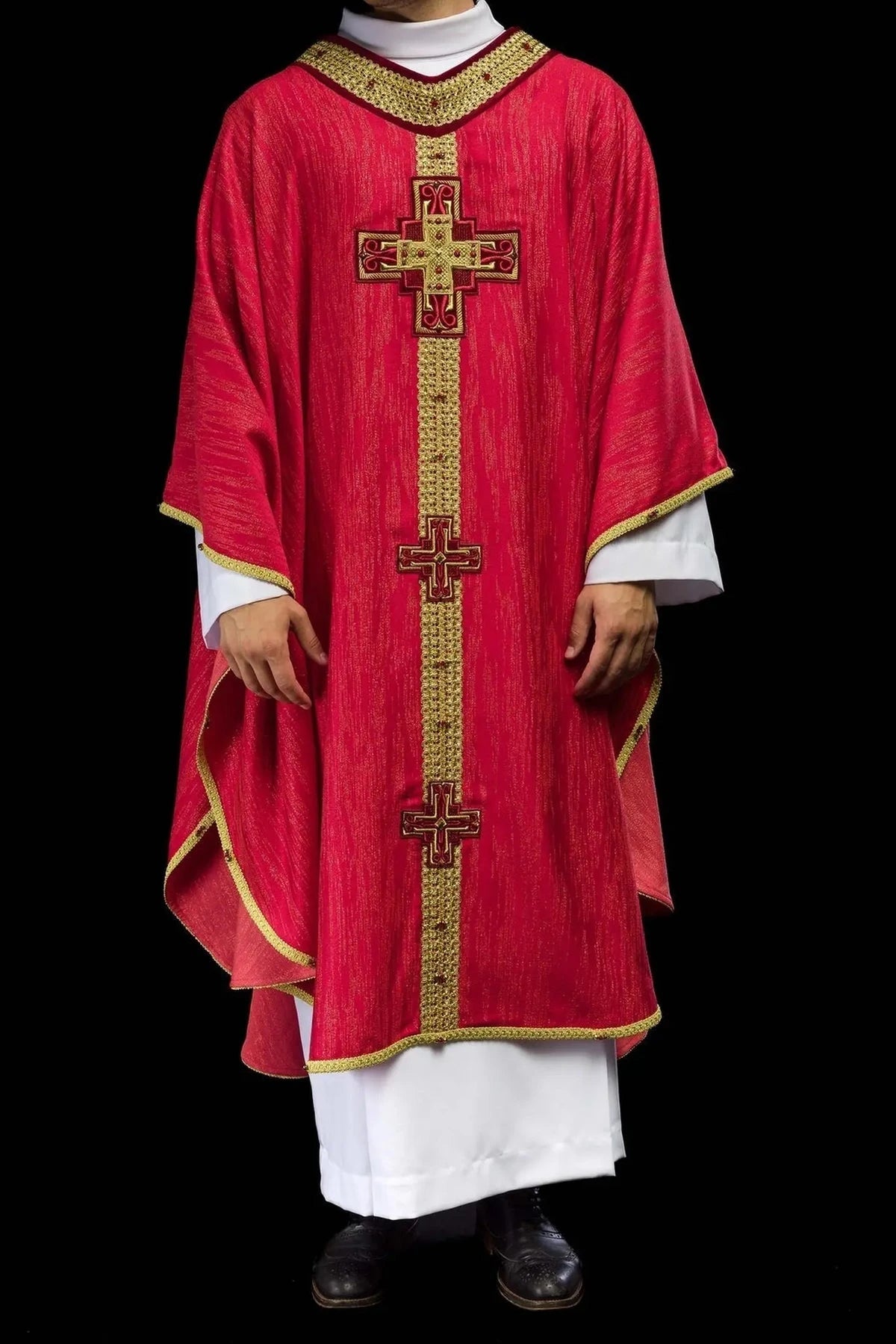 Hand-Decorated Red Chasuble with Natural Stones — full view