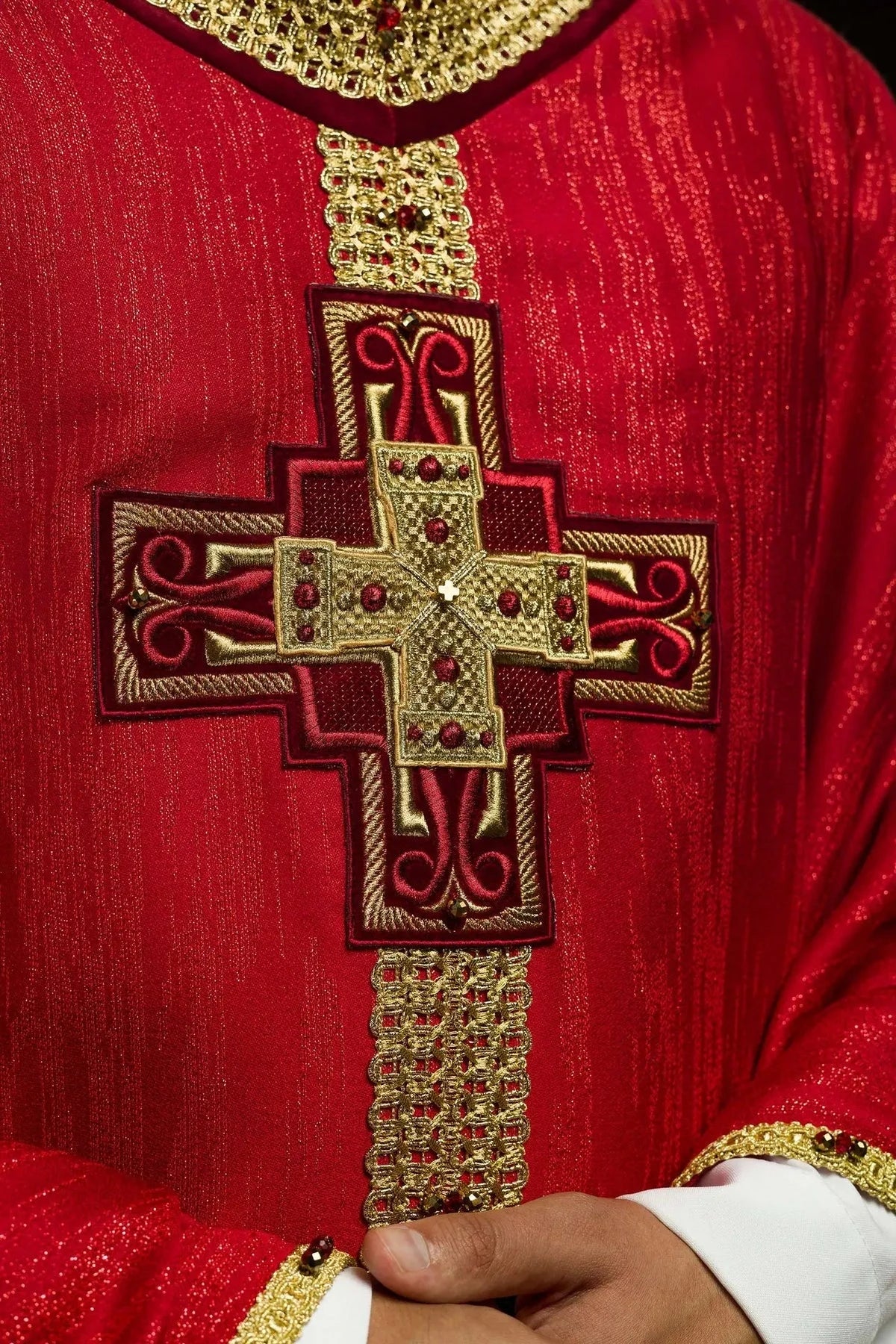 Hand-Decorated Red Chasuble with Natural Stones — embroidery close-up