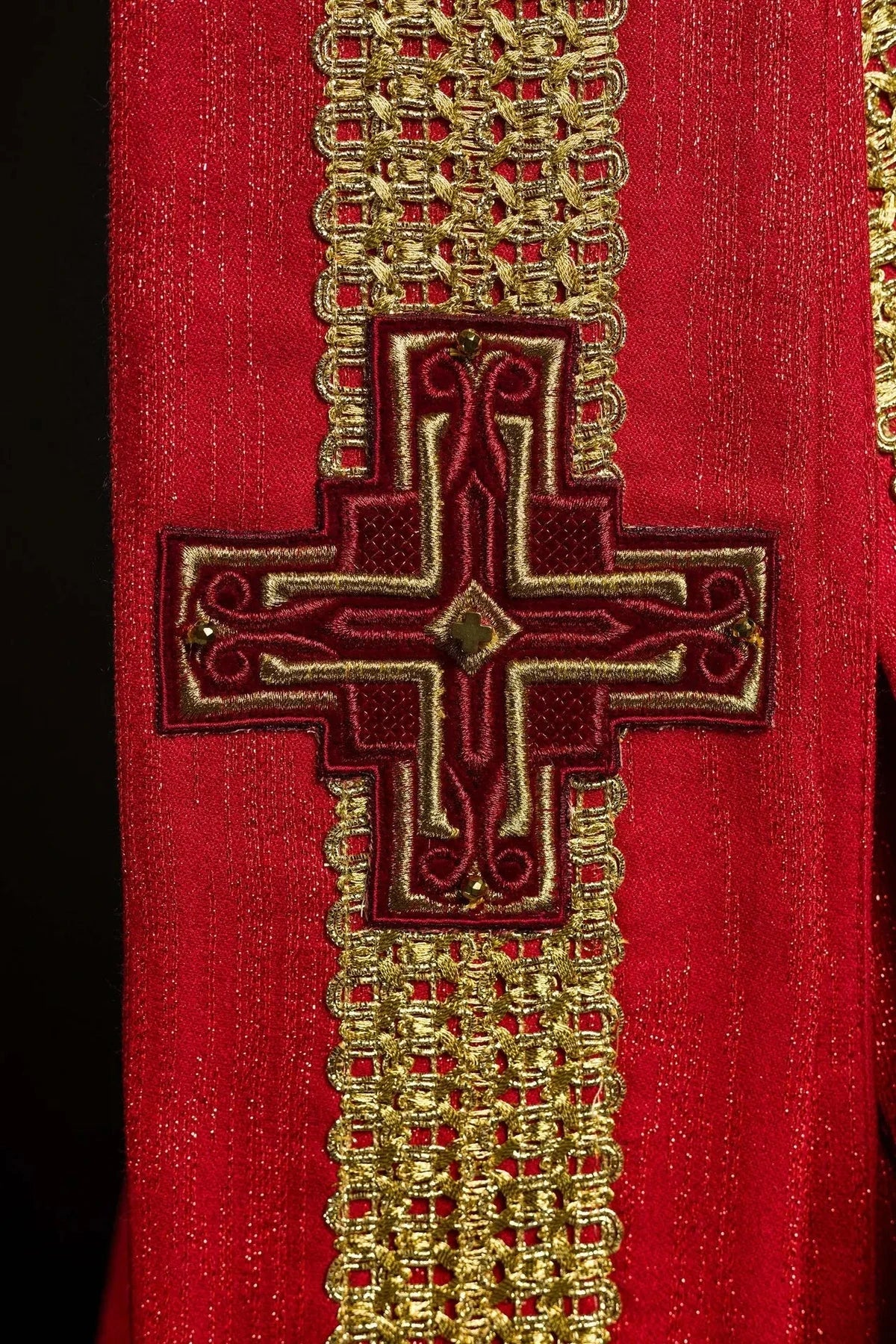 Hand-Decorated Red Chasuble with Natural Stones — symbol detail