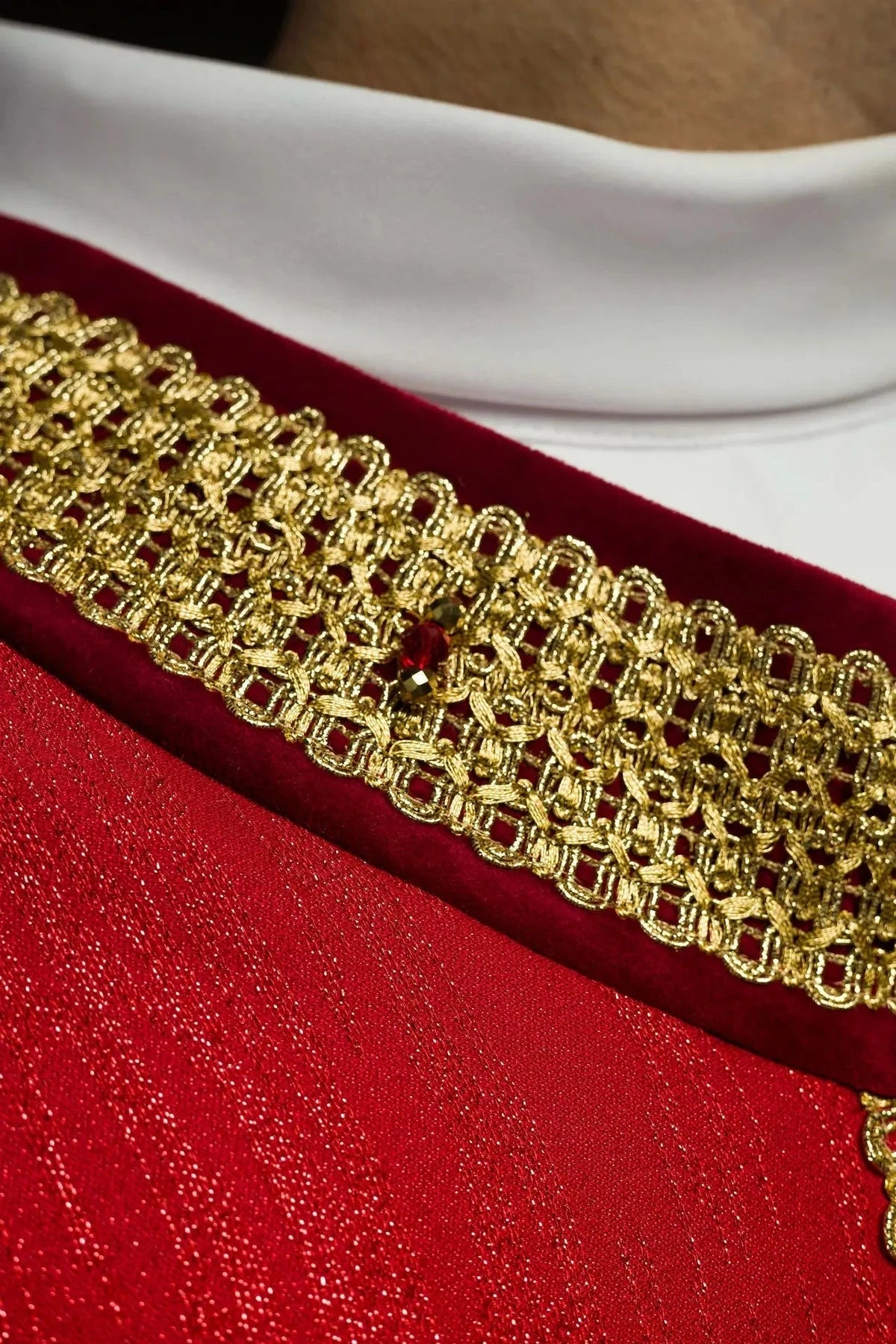 Hand-Decorated Red Chasuble with Natural Stones — front view