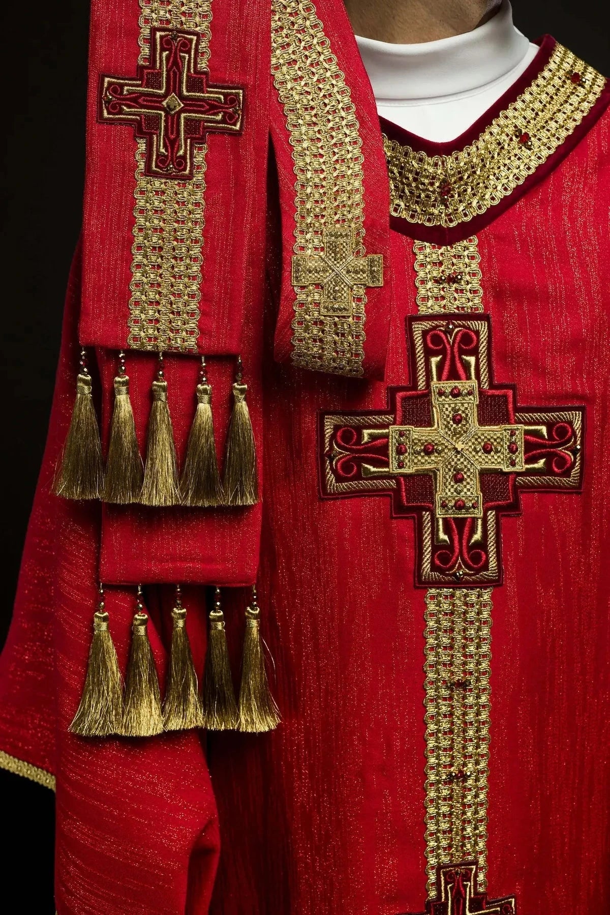 Hand-Decorated Red Chasuble with Natural Stones — back view