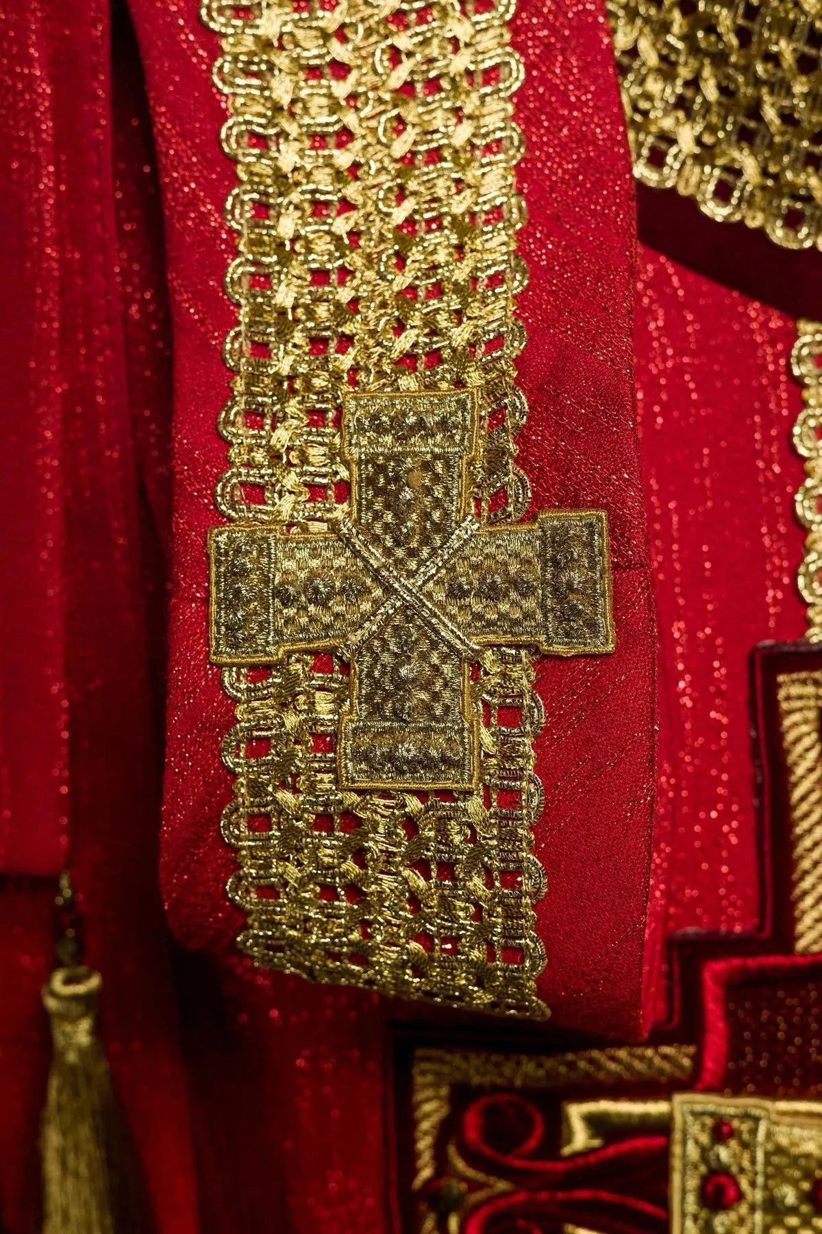 Hand-Decorated Red Chasuble with Natural Stones — fit on celebrant