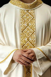 Ecru Chasuble with rich floral embroidery with crosses — front view
