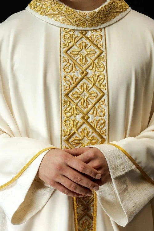 Ecru Chasuble with rich floral embroidery with crosses — front view