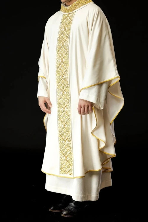 Ecru Chasuble with rich floral embroidery with crosses — full view