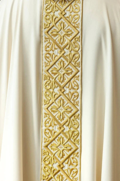 Ecru Chasuble with rich floral embroidery with crosses — back view