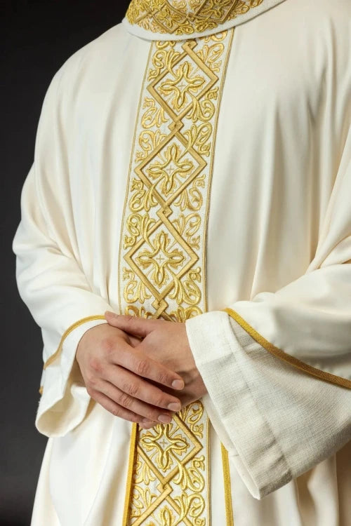 Ecru Chasuble with rich floral embroidery with crosses — close-up detail