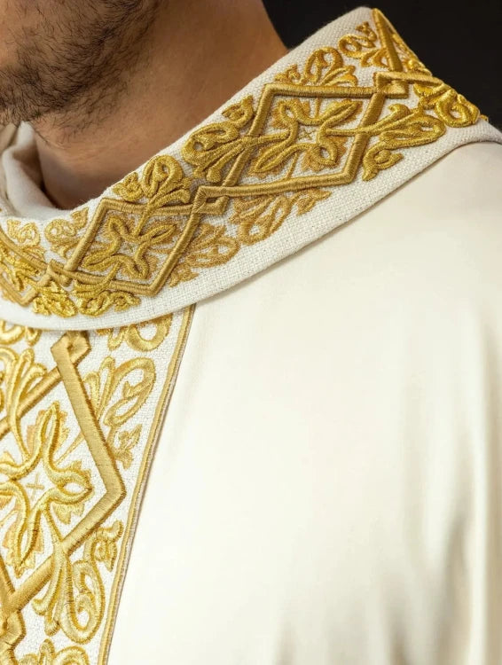 Ecru Chasuble with rich floral embroidery with crosses — side view