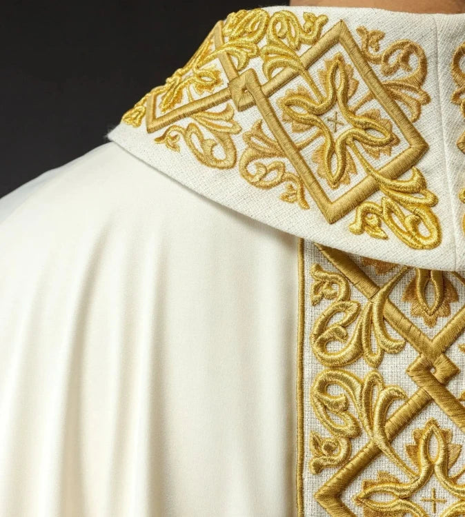 Ecru Chasuble with rich floral embroidery with crosses — collar detail
