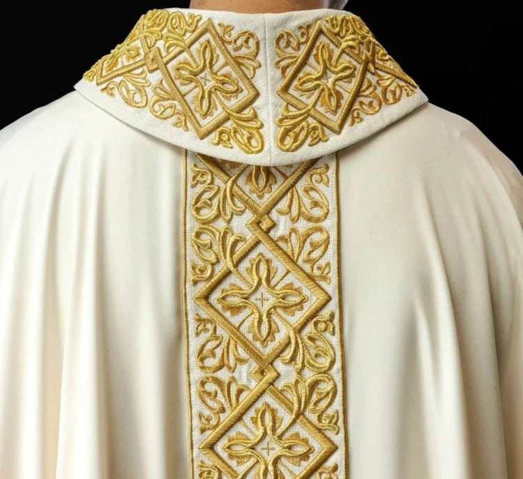 Ecru Chasuble with rich floral embroidery with crosses — fabric detail