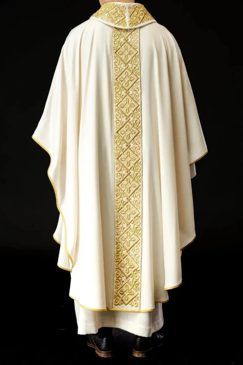 Ecru Chasuble with rich floral embroidery with crosses — vestment detail