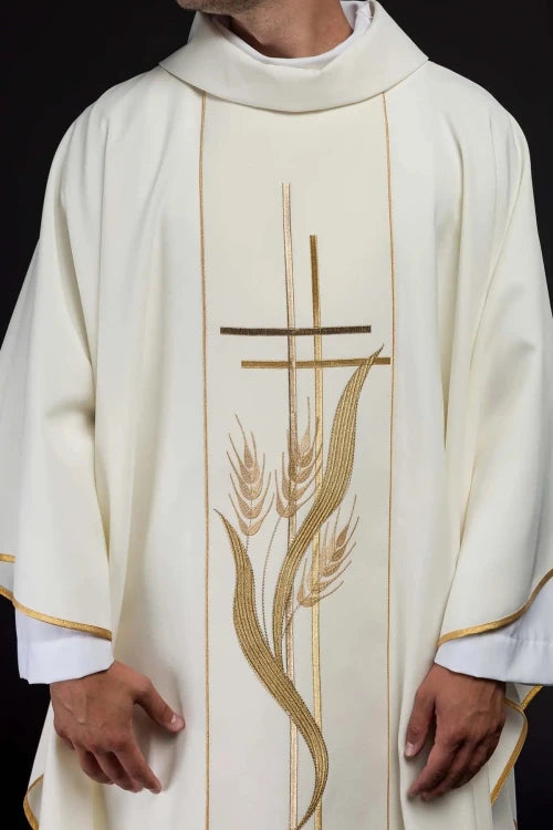 Ecru Chasuble with cross and wheat embroidery — front view