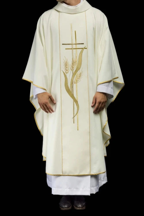 Ecru Chasuble with cross and wheat embroidery — full view