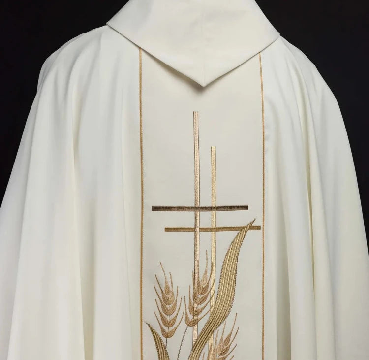 Ecru Chasuble with cross and wheat embroidery — side view