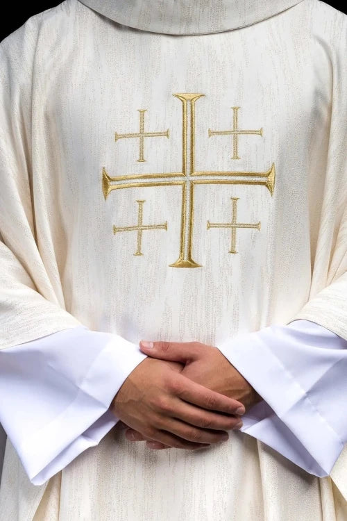 Ecru Chasuble with embroidered Jerusalem cross — front view