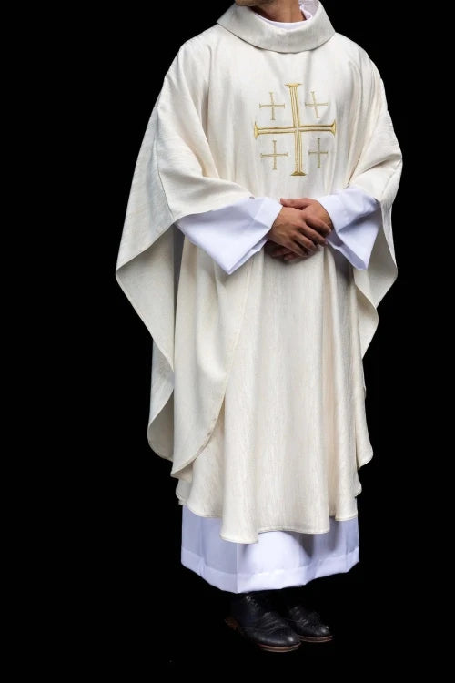 Ecru Chasuble with embroidered Jerusalem cross — full view