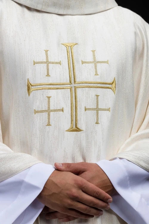 Ecru Chasuble with embroidered Jerusalem cross — decoration detail