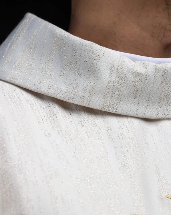 Ecru Chasuble with embroidered Jerusalem cross — close-up detail