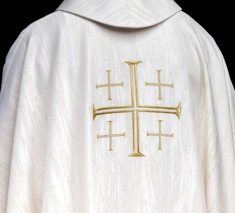 Ecru Chasuble with embroidered Jerusalem cross — collar detail