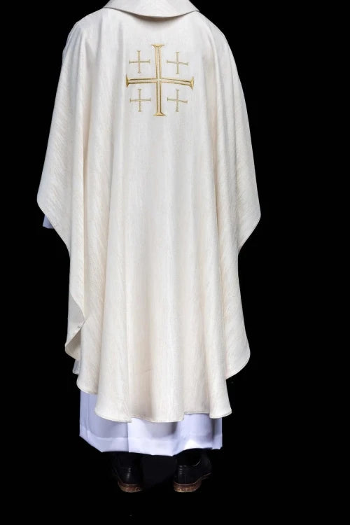 Ecru Chasuble with embroidered Jerusalem cross — fabric detail
