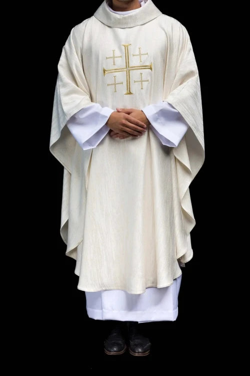 Ecru Chasuble with embroidered Jerusalem cross — vestment detail