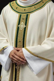 Ecru Chasuble with hand-applied natural-stone decoration — front view