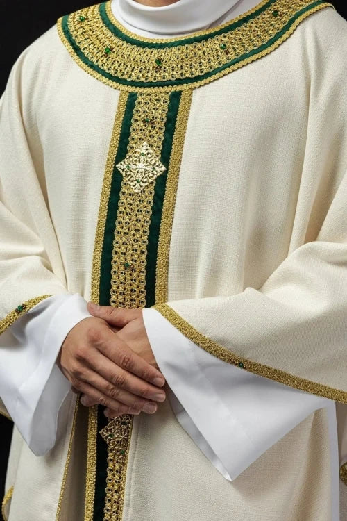 Ecru Chasuble with hand-applied natural-stone decoration — front view