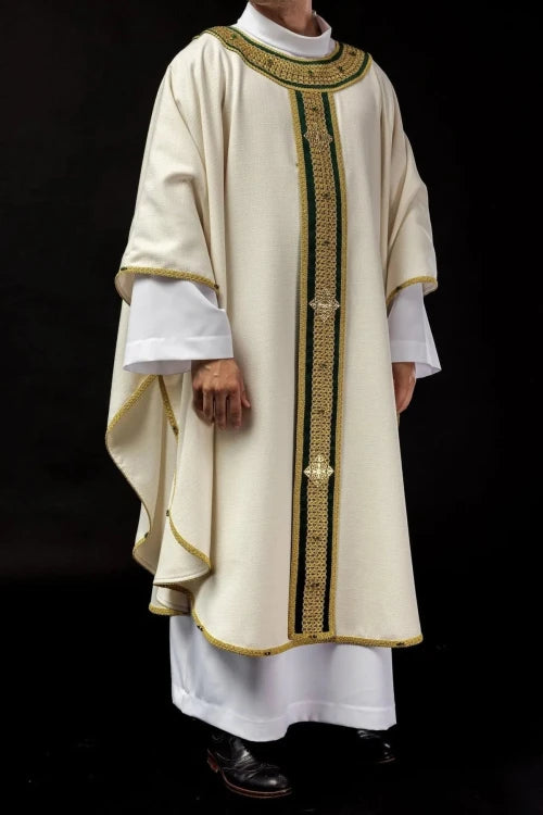 Ecru Chasuble with hand-applied natural-stone decoration — full view