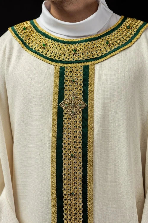 Ecru Chasuble with hand-applied natural-stone decoration — decoration detail