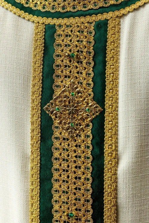 Ecru Chasuble with hand-applied natural-stone decoration — back view