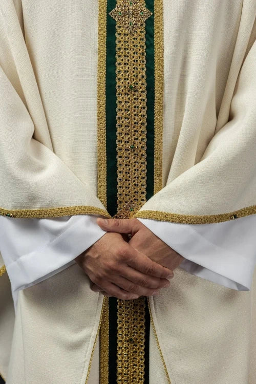Ecru Chasuble with hand-applied natural-stone decoration — close-up detail