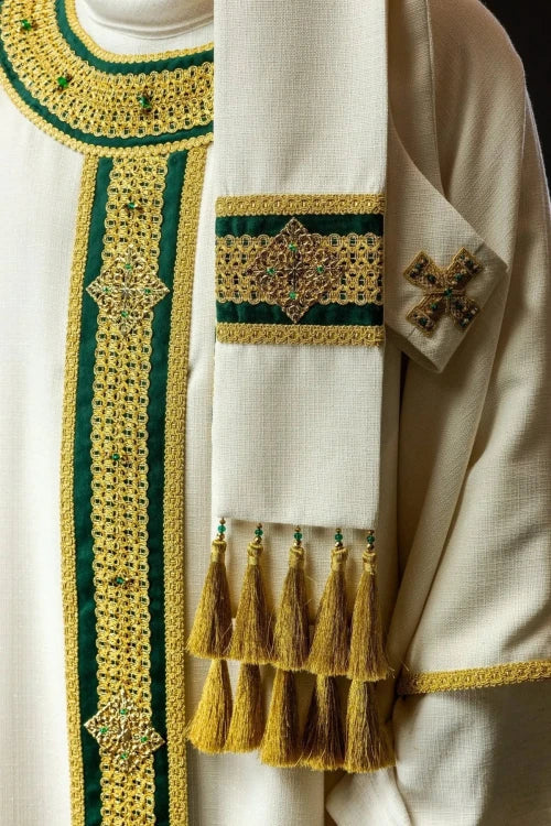 Ecru Chasuble with hand-applied natural-stone decoration — side view