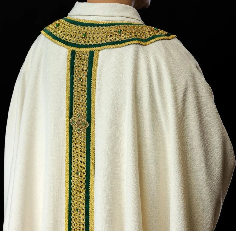 Ecru Chasuble with hand-applied natural-stone decoration — collar detail