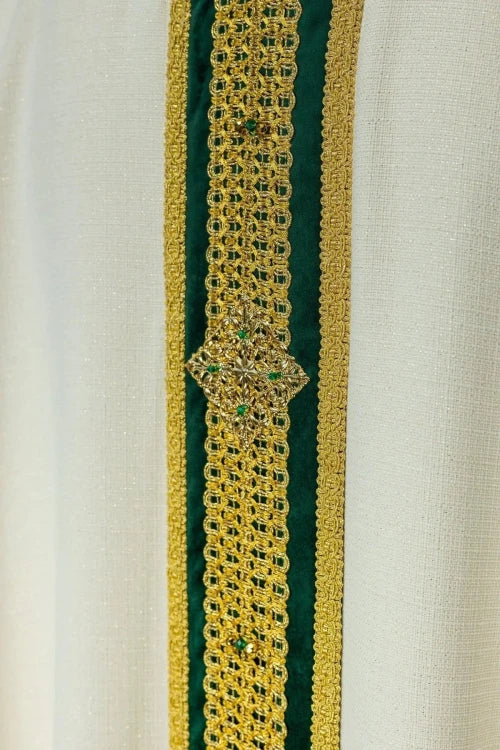 Ecru Chasuble with hand-applied natural-stone decoration — fabric detail