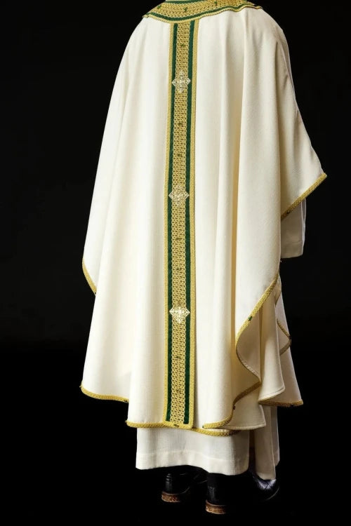 Ecru Chasuble with hand-applied natural-stone decoration — vestment detail