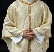 Ecru Chasuble with hand-applied natural-stone decoration – Variant II — front view