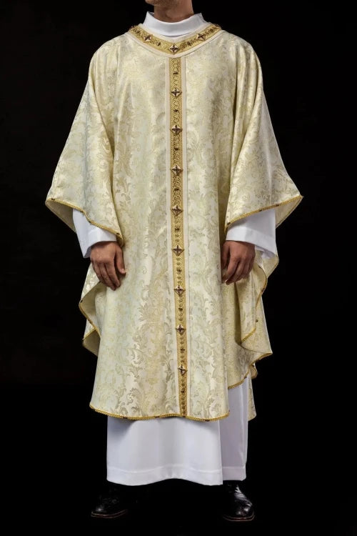 Ecru Chasuble with hand-applied natural-stone decoration – Variant II — full view