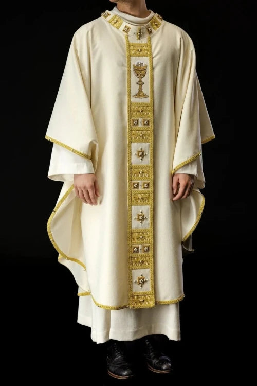 Ecru Chasuble with hand-applied natural-stone decoration – Variant III — full view