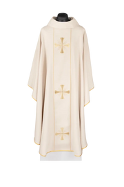 Ecru Chasuble with velvet band with embroidered crosses — front view