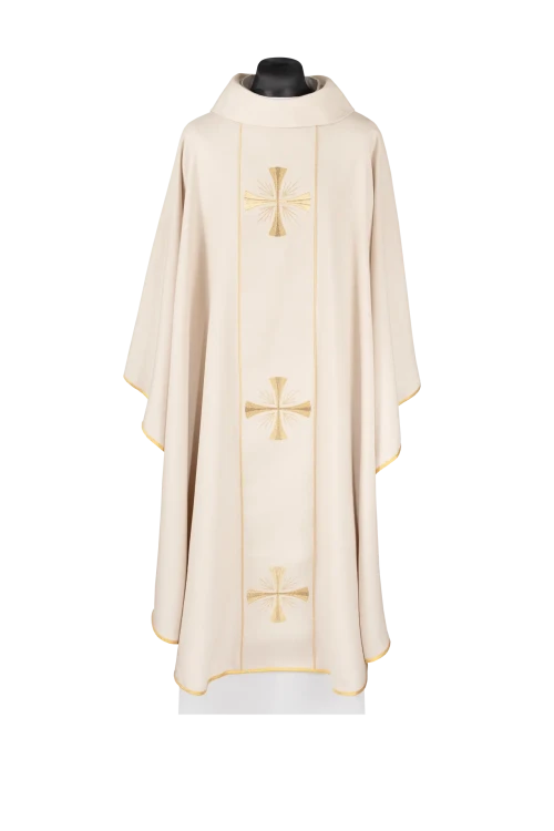 Ecru Chasuble with velvet band with embroidered crosses — front view