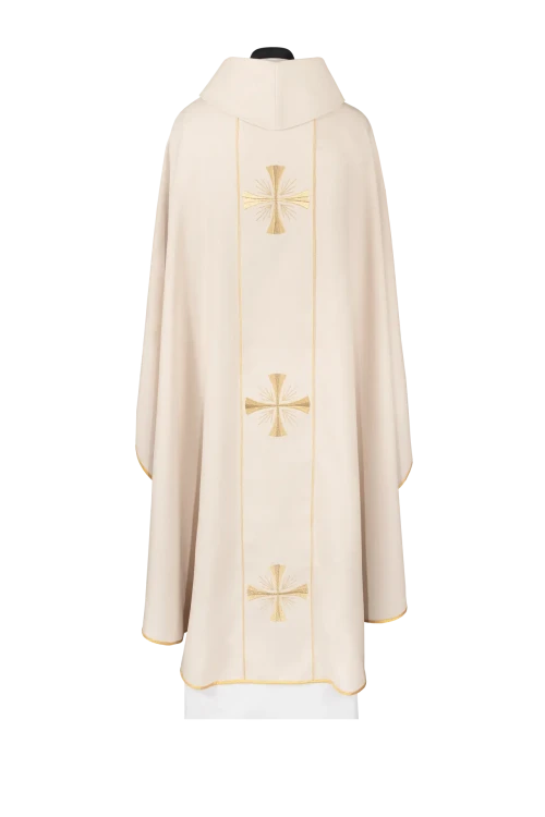 Ecru Chasuble with velvet band with embroidered crosses — full view
