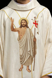 Ecru Chasuble with Risen Christ and Paschal Lamb embroidery — front view