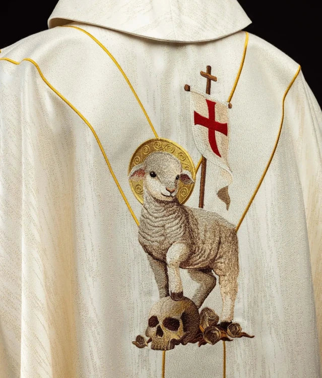 Ecru Chasuble with Risen Christ and Paschal Lamb embroidery — full view