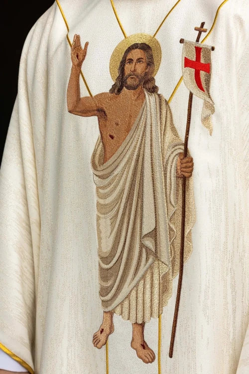 Ecru Chasuble with Risen Christ and Paschal Lamb embroidery — decoration detail